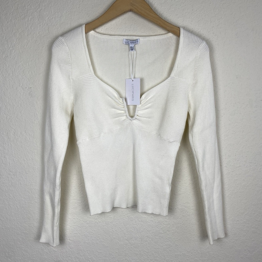Lucy Paris Size L Knit Top Long Sleeve Ribbed White Coquette Babydoll Clean Girl